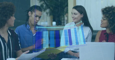 Presenter opening folder and addressing group as 3D chart overlay rising showing 動画素材 313168869