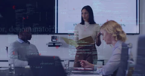 Presenter opening folder and presenting data, briefing team in business meeting Stock Footage 314716634