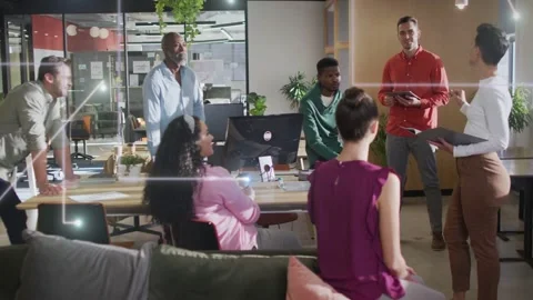 Presenter opening folder starting business review at table, team listening, lens Stock Footage 333485635