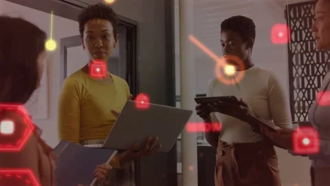 Presenter opening laptop, guiding team in business meeting while orange icons Stock Footage 333657130