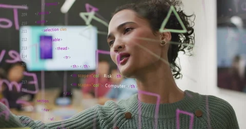 Presenter picking neon marker and sketching network diagrams on glass in Stock Footage 315537396