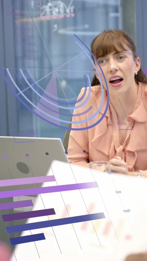 Presenter placing chart in front, woman reviewing at table while business charts Stockbeeldmateriaal 333020540