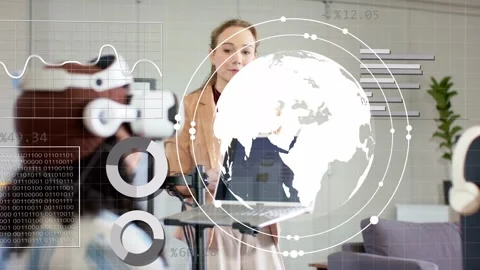Presenter placing laptop, speaking, causing HUD globe expanding, man using VR Stock Footage 333445358