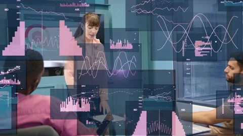Presenter placing papers and starting budget talk, data charts growing across Stock Footage 337912949