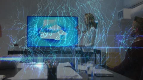 Presenter pointing at 3D model rotating it with remote, data lines rippling in Stock Footage 312770741