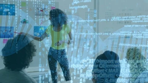 Presenter pointing and adding note on board, sparking DNA helix overlay and code Stock Footage 333733464