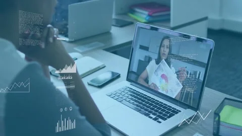 Presenter pointing at chart and demonstrating data, initiating animated charts Stock Footage 332901904