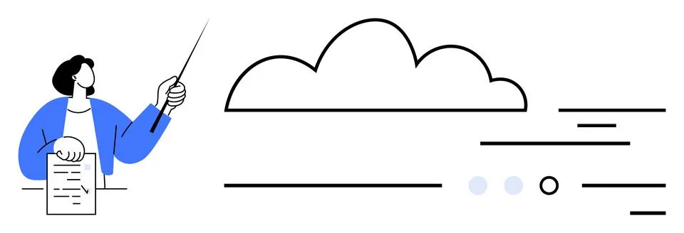 Presenter pointing to cloud diagram with lines and documents in hand, symbo.. Stock Illustration