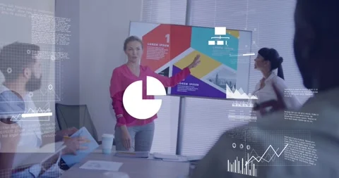 Presenter pointing at display while AR graphics growing, causing peer joining to Stock Footage 331197930