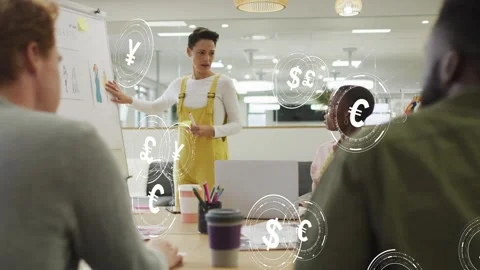 Presenter pointing flipchart and presenting, starting money icons floating to Stock Footage 333478111