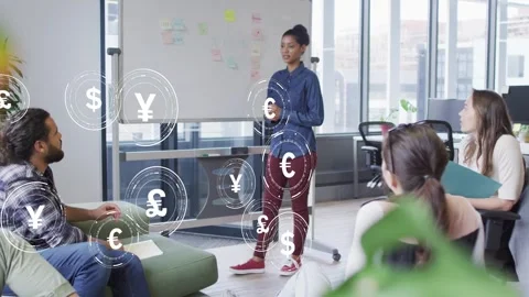 Presenter pointing sticky notes, clapping and generating multiplying currency Stock Footage 333426132