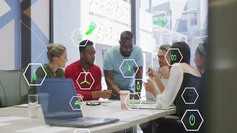 Presenter pointing tablet and guiding team through energy brief, eco hex icons Stock Footage 333833467