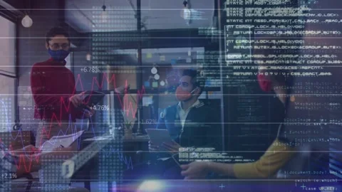 Presenter pointing tablet and initiating business review while team typing, Stock Footage 332901857