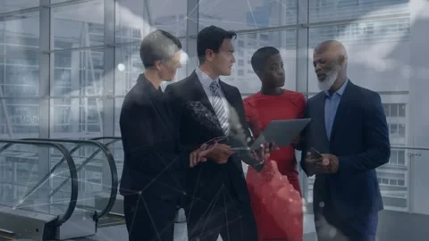 Presenter pointing tablet sparking decision business team debating with phone Stock Footage 334178456