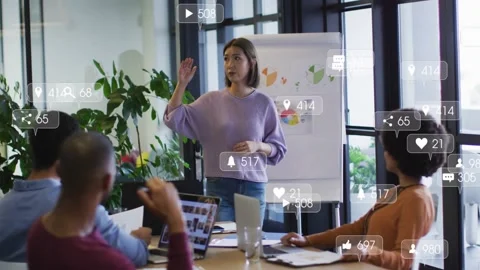 Presenter presenting chart, causing likes icons layering over team, showing Stock Footage 333829960