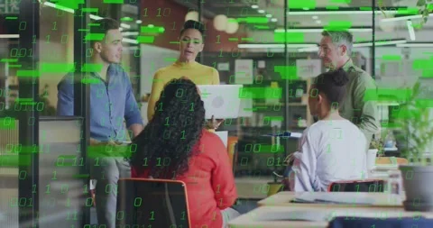 Presenter presenting slides passing device in office amid binary code flow for Stock Footage 318143150