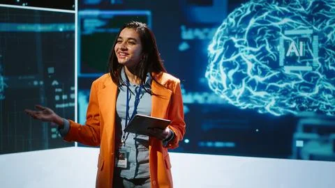 Presenter promoting artificial intelligence business solutions Stock Photos