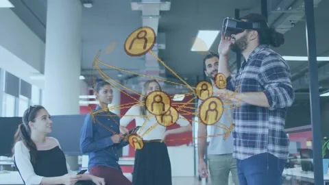 Presenter putting on MR headset and demoing gold 3D node network using gestures, 스톡 동영상 332468748