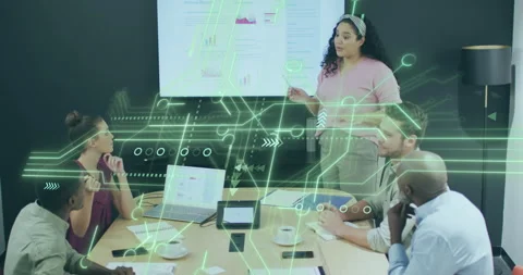 Presenter raising laser pointer and explaining business chart as green overlay Stock Footage 315609777