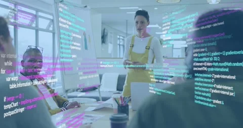 Presenter raising marker initiating code streams while team collaborating on Video stock 318046230