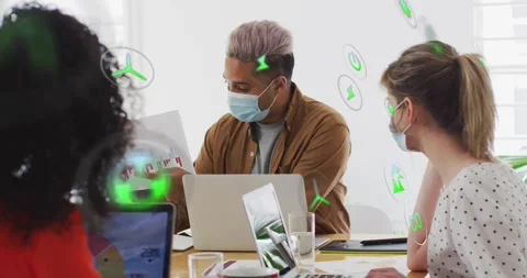 Presenter raising report and pointing red bars in meeting, green icons Stock Footage 334038203