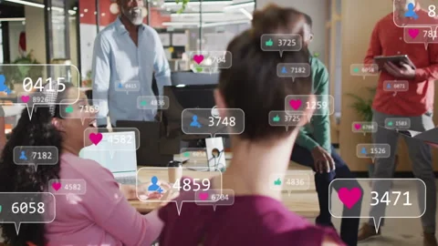 Presenter reading folder, driving engagement icons floating over marketing team Stock Footage 311604141