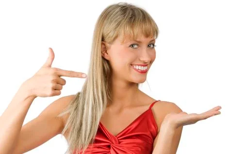 Presenter red dressed Stock Photos
