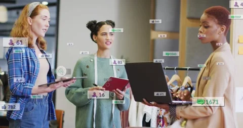 Presenter on right tapping laptop and sharing product data for sales in retail, Stock Footage 331048098