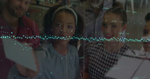 Presenter rotating white card for team during product review, with digital Stock Footage 312360967