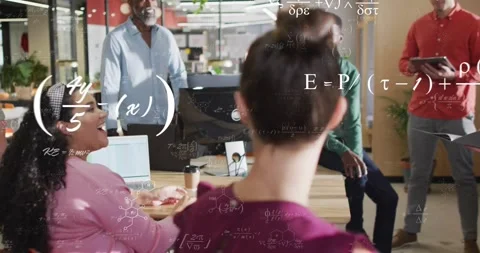 Presenter sharing tech update holding folder causing formula overlays camera Stock Footage 320586221