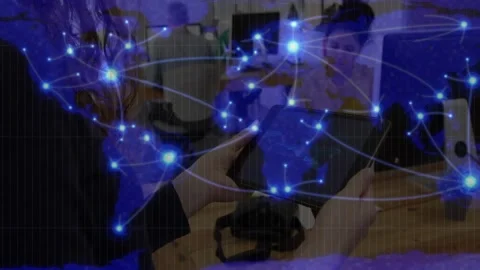 Presenter showing tablet and starting tech network, glowing nodes overlaying Stock Footage 334182360