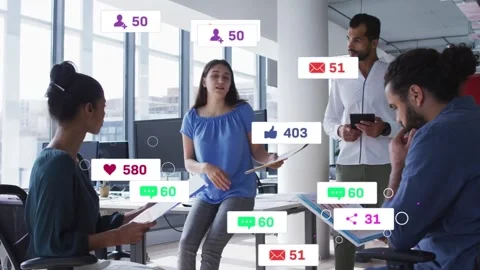 Presenter sitting on desk edge gesturing, social media notifications multiplying Stock Footage 331276197