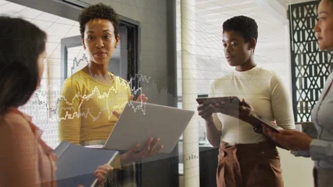 Presenter speaking, causing graph growing across glass while business team Stock Footage 332705038