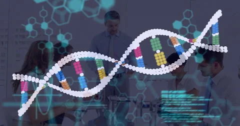 Presenter speaking in meeting starting rotating DNA helix, scrolling code Stock Footage 311916362