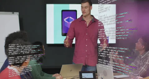 Presenter spreading arms, on tablet slide appearing code swirling around team Stock Footage 315541479
