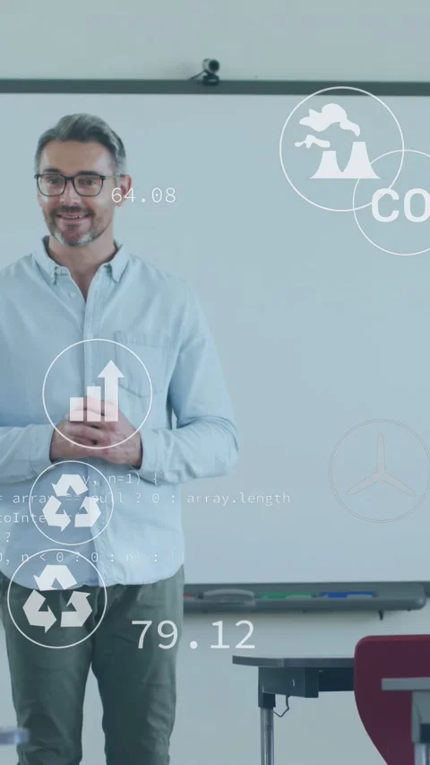 Presenter standing front board, glancing notes and starting graphs updating CO2, Stock-Footage 332735143