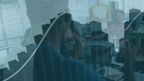 Presenter standing gesturing, initiating 3D bar chart and line graph, team Stock Footage 333485825