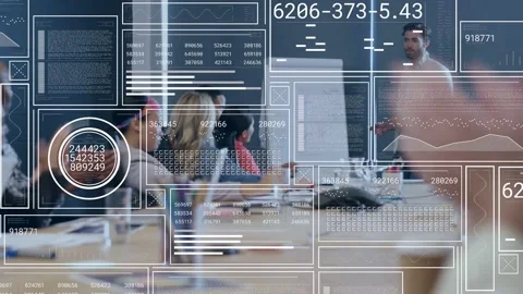 Presenter standing near easel sharing results, HUD charts showing business data, Stock Footage 332625434
