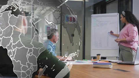 Presenter starting drawing bar chart sharing business data, globe passing Stock Footage 333494483