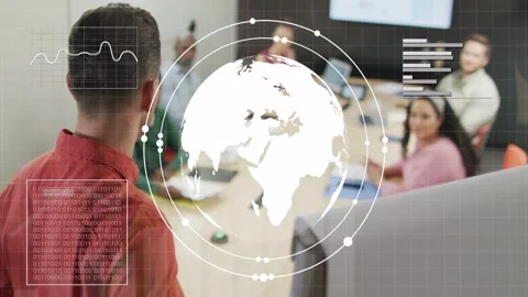 Presenter starting globe, showing data, team watching while globe growing into Stock Footage 333105612