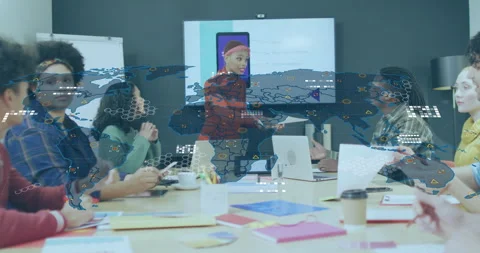 Presenter starting IT meeting reviewing prototype as map overlay building and Stock Footage 315550928