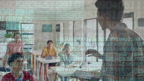 Presenter starting lesson holding tablet overlaying numeric data, teaching data, Stock Footage 334337968