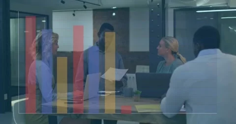 Presenter starting to read pages, colleagues listening, bar chart animating to Stock Footage 332296081