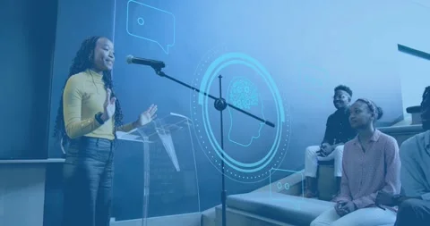 Presenter stepping to lectern launching tech talk featuring digital brain Stock Footage 317258551