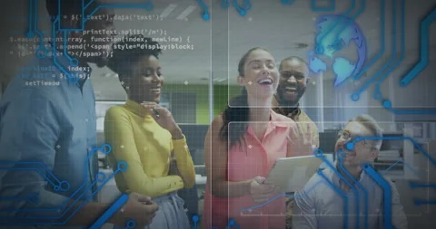Presenter swiping tablet, starting code review for debugging, tech team watching Stock Footage 315544051