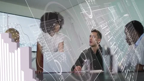 Presenter tapping laptop, animated charts, 3D bars sliding across camera for Video stock 333132092