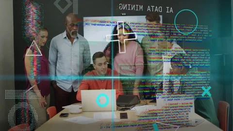 Presenter tapping laptop, team leaning in business meeting, reviewing work while Stock Footage 333220994