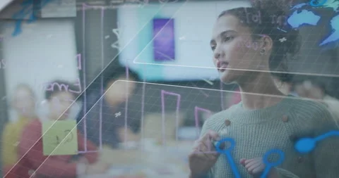 Presenter tapping node activating world map overlay and sketching bars on clear Stock Footage 315532556