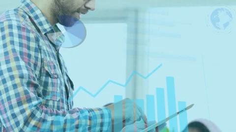 Presenter tapping tablet and initiating animated data charts matching taps, Stock Footage 335282332
