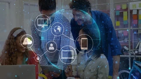 Presenter tapping tablet and team leaning in, generating 3D globe and network Stock Footage 329899697